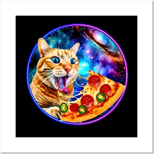 Funny Orange Cat eating Pizza in Space Posters and Art